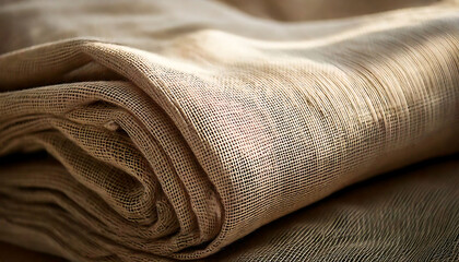 Fototapeta premium Closeup shot of folded, naturalcolored burlap fabric. Texture, detail, and neutral tone. Ideal for backgrounds, crafts, and textilerelated projects.