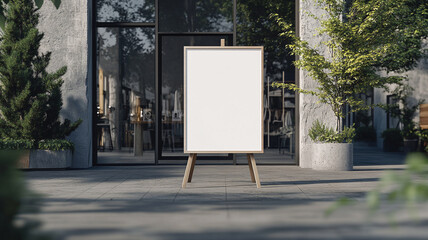 blank white poster on an easel outside the entrance to a modern store.