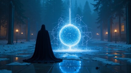 The figure in black robe in front of blue light