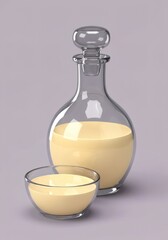 Transparent glass decanter and a glass bowl filled with a beige liquid