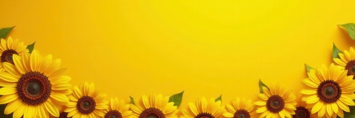 Obraz premium Bold sunflower border, rich yellow orange tones against sunny yellow, bright, harvest, golden