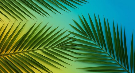 Lush green palm fronds are artfully arranged against a vibrant gradient background transitioning from yellow to blue, evoking a tropical feel.