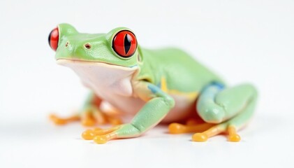 Obraz premium Single red-eyed tree frog on pure white backdrop, legs, animal portrait, texture