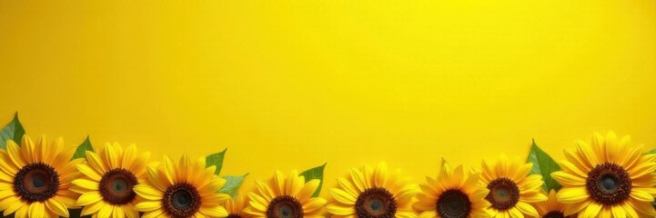 Obraz premium Cheerful sunflower border, ample yellow space, nature, summer