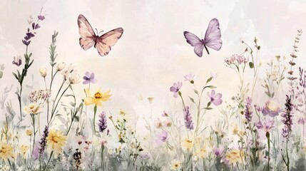 Pastel wildflowers and butterflies in a meadow scene