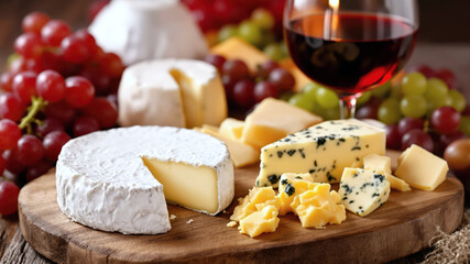 A wooden table adorned with a variety of artisanal cheeses and a glass of deep red wine.