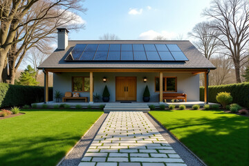 Naklejka premium Modern Solar Homes in Spring and Summer Landscapes ,Eco-Friendly Living and Renewable Energy Concepts.