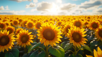 Sunlit Sunflower Field at Sunset Vibrant Yellow Blooms in a Summer Landscape
