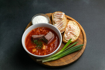 Traditional Ukrainian borscht with meat and vegetables 