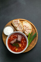 Traditional Ukrainian borscht with meat and vegetables 