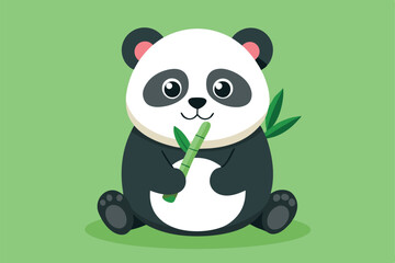 Obraz premium Cute panda holding bamboo on a green background in a playful and cheerful pose