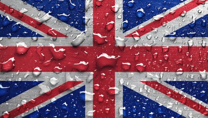 Fototapeta premium Union jack flag in rainy weather with wind and water droplets concept for national resilience and patriotism