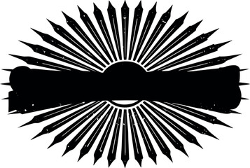 Decorative sunburst emblem with sharp rays depicting artistic design and bold central banner