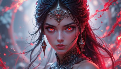 Obraz premium Warrior Princess Glares with Red Eyes, Abstract Background.