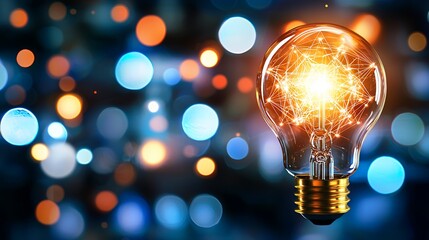 Illuminated Glowing Light Bulb with Circuitry and Bokeh Background Represents Innovative Idea
