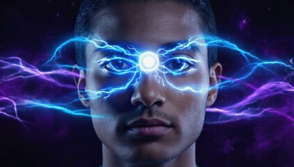 Mystical energy and spiritual awakening with glowing third eye in high contrast portrait