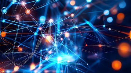 Fototapeta premium Intricate Network of Interconnected Lines and Dots with Blue and Orange Lights