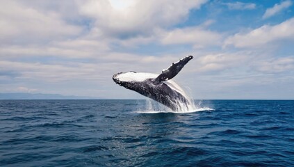 Fototapeta premium Majestic humpback whale breaching in open ocean captured in slow motion and high contrast