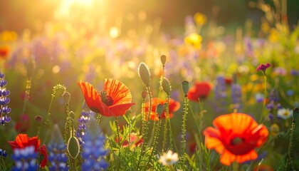 Fototapeta premium A lush meadow filled with an array of wildflowers, from fiery red poppies to soft lavender blooms, swaying gently under golden sunlight.