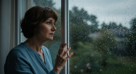 Pensive woman looking out a rain-streaked window with wistful expression