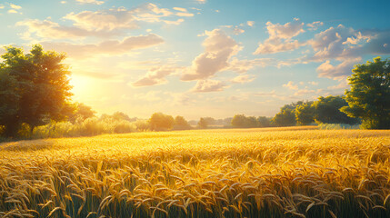 Golden Wheat Field at Sunset Serene Summer Landscape