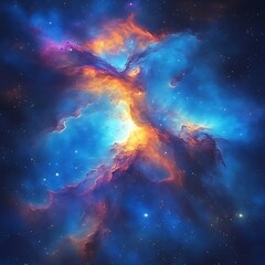 Obraz premium Cosmic nebula ablaze with vibrant colors. Vast expanse of space filled with swirling, luminous clouds of gas and dust. Intricate patterns of vibrant hues