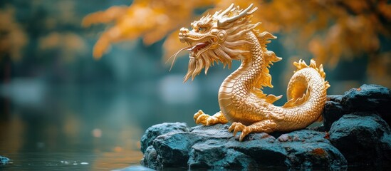 Fototapeta premium Golden Dragon Statue on Rocks by Water
