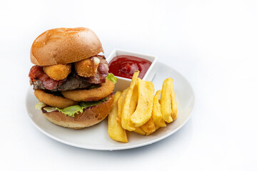 Cheese burger - American cheese burger with Golden French fries isolated on white background
