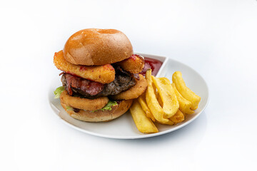 Cheese burger - American cheese burger with Golden French fries isolated on white background