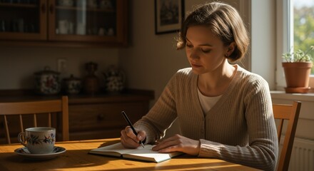 Woman journaling at her kitchen table in natural light, writing