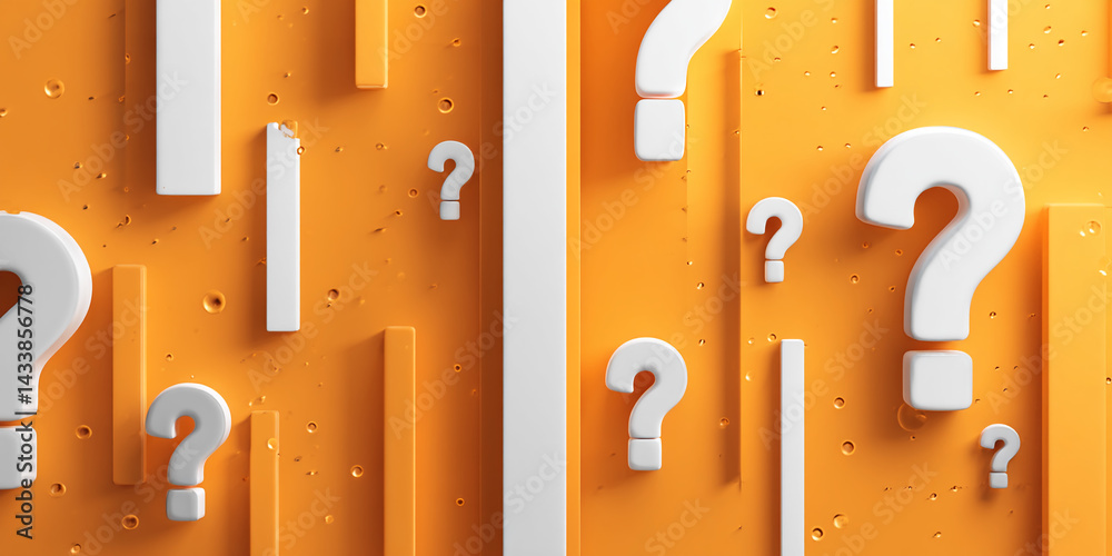 Poster abstract 3d render of white question marks on orange background with white geometric shapes, represe