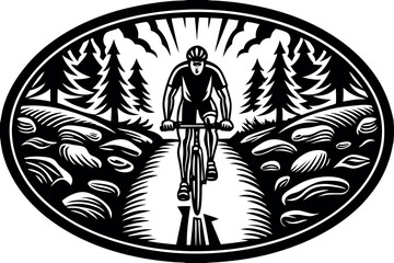 Mountain biker navigating a rough trail with trees and rocks in a picturesque landscape at midday