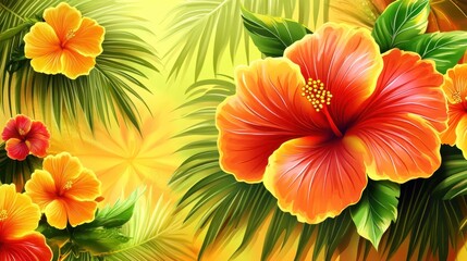 Vibrant hibiscus flowers and tropical foliage in a lush, sun-drenched setting