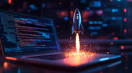 Startup Launch Rocket Taking Off from Laptop Screen with Coding