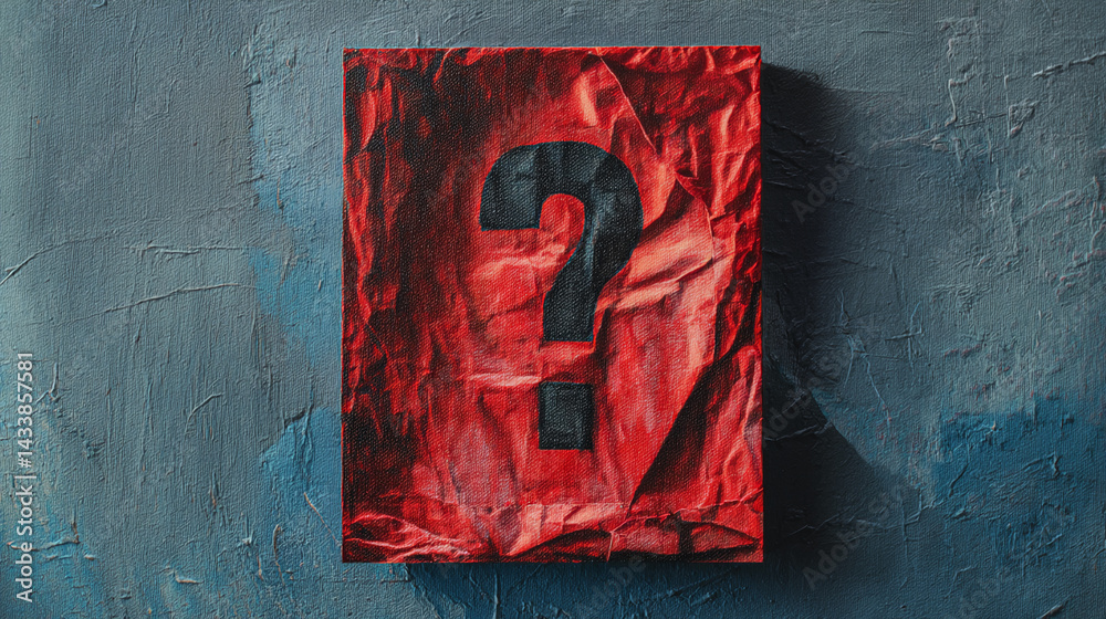Poster red crumpled paper with black question mark, on textured blue background. symbolizes uncertainty, in