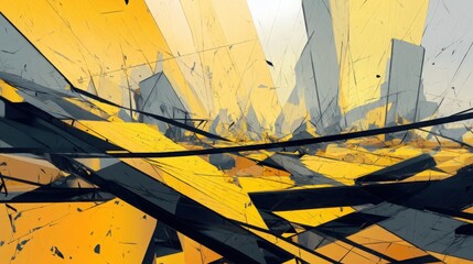 Abstract geometric illustration in yellow and gray, fragmented cityscape, modern art concept. Perfect for backgrounds, posters, and creative projects.