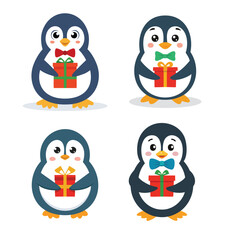 Adorable Cartoon Penguins Holding Gift Boxes – Festive Winter Illustration