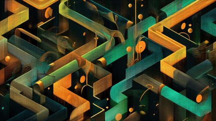 Abstract geometric illustration with lines and spheres, maze concept. Perfect for backgrounds, technology designs, and modern art projects.