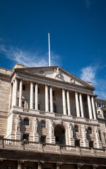 The Bank of England, London, UK. The facade to the iconic Bank of England building in the heart of The City of London's financial district.
