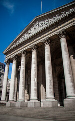 The Royal Exchange, Bank, London, UK. The facade to the Royal Exchange building in the heart of The City of London's financial district, Bank.