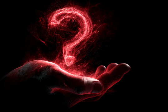 Red glowing question mark energy floats above hand, dark background, symbolizing mystery, inquiry, or the search for answers