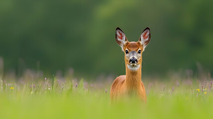 Fototapeta premium Alert Brown Deer Standing In Tall Green Grass With Soft Green Blurred Background And Colorful Wildflowers