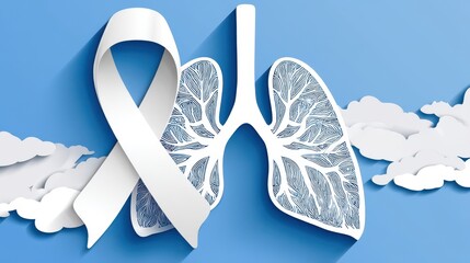 A paper cutout of human lungs paired with a white awareness ribbon set against a calming blue background with clouds symbolizing healthcare medical treatment and support for respiratory illnesses