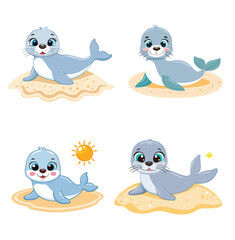 Obraz premium Cute Baby Seal on Sandy Shore Vector Bundle Set