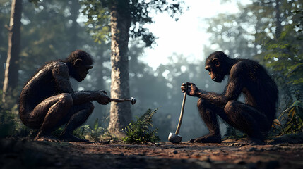 Early Humans Working Together In Forest