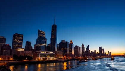 Obraz premium Stunning city skyline at dusk with illuminated buildings and river view