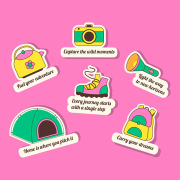 Colorful Camping Adventure Stickers with Motivational Quotes &ndash; Retro Style