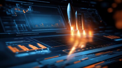 Rocket launch interface projected over abstract background with upward momentum graphics