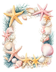 Watercolor, shell frame, starfish, pearl, seaweed and splashing sea water, isolated on white background, transparent png format.