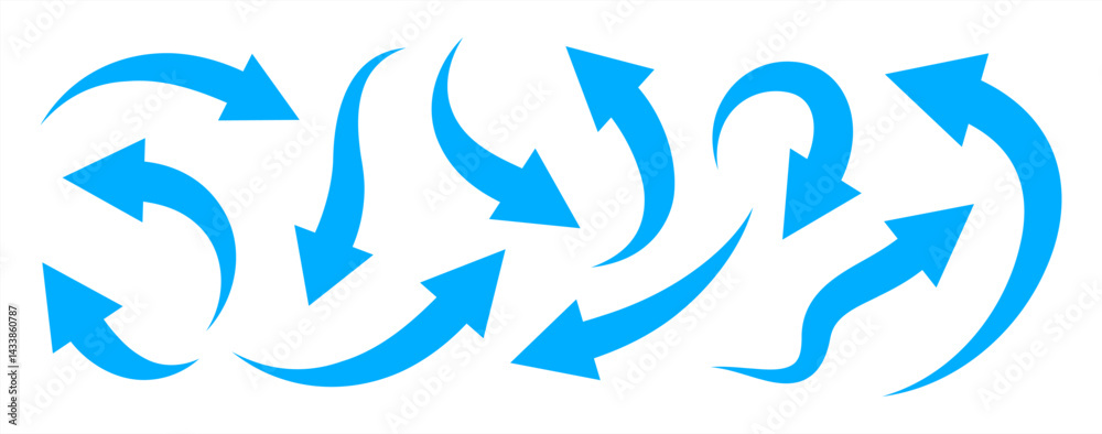 Poster Set of curved arrows isolated on white background. Curved arrows, hand drawn curved arrows. Set long blue curve arrow icon vector . blue curve arrow icon set. long arrow icon set. curve arrow 10 eps.